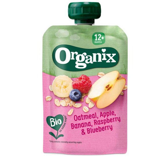 organix-B-22-01-307 Πολτός Βρώμη, Μήλο, Μπανάνα και Raspberry +12μ (100γρ) – Organix - Image 1