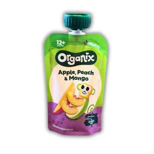 organix-B-22-01-309 Φρουτοπολτός Μήλο, Ροδάκινο και Μάνγκο +12μ (100γρ) – Organix - Image 1